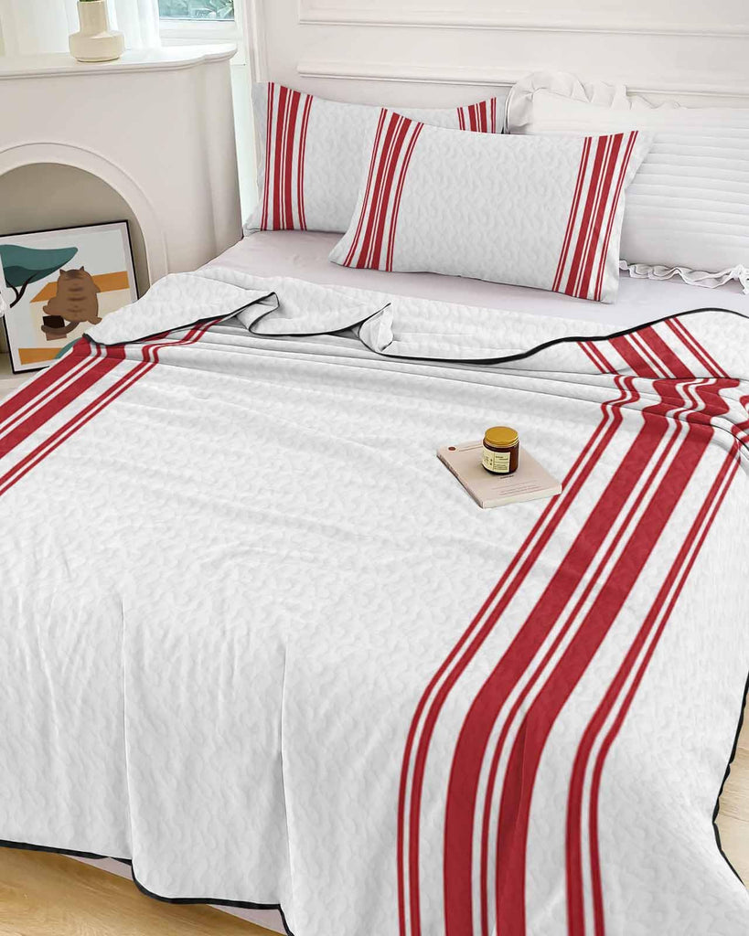 Quilt Sets Twin XL Size Red Ticking Vertically Stripe Comforter Set Lightweight Soft Bedspread Coverlet Simple Style