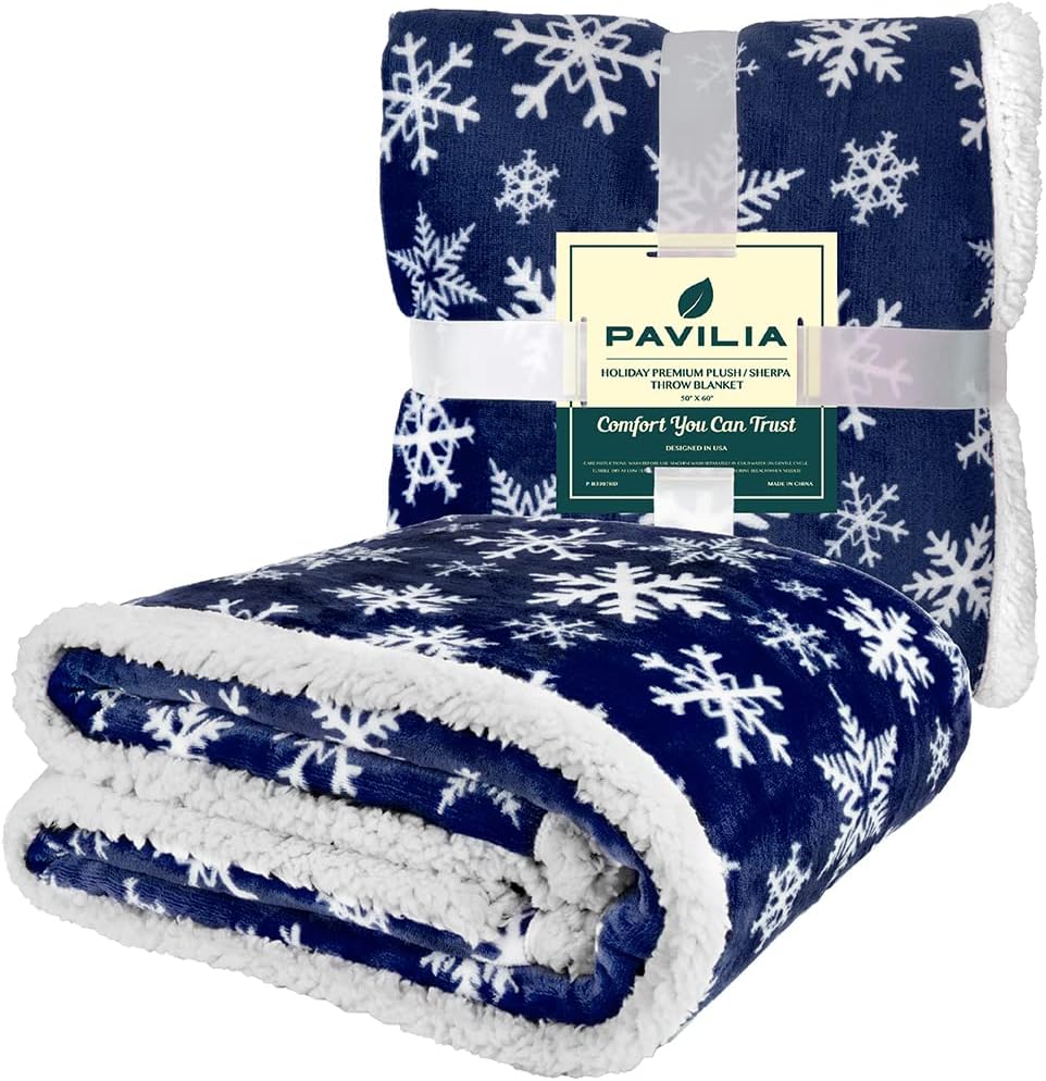 Blue Snowflake Christmas Sherpa Throw Blanket, Reversible Fleece Sherpa Cozy Holiday Blanket 50x60, Soft Winter Throw