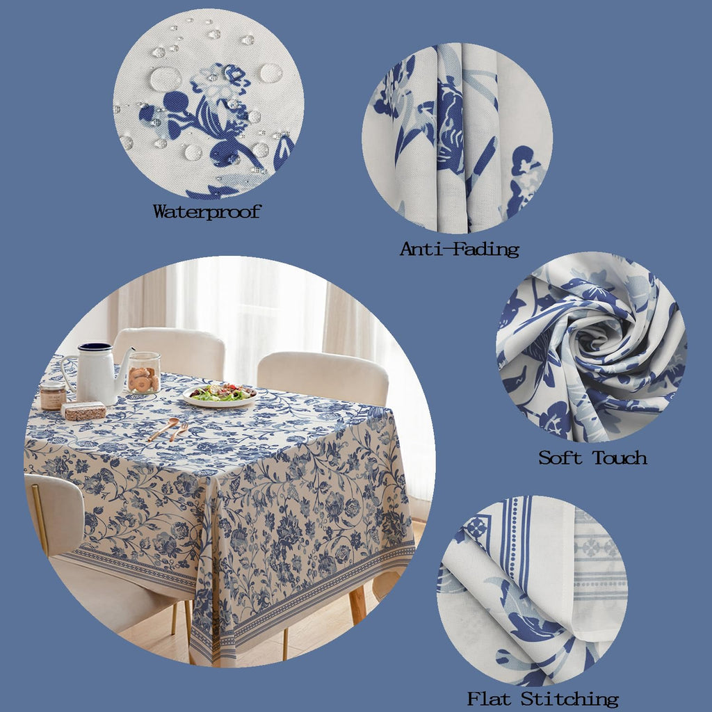 Rectangle Tablecloth Polyester Material - 60 x 84 Inch Blue Floral Rustic Lightweight Tablecloth Classic French