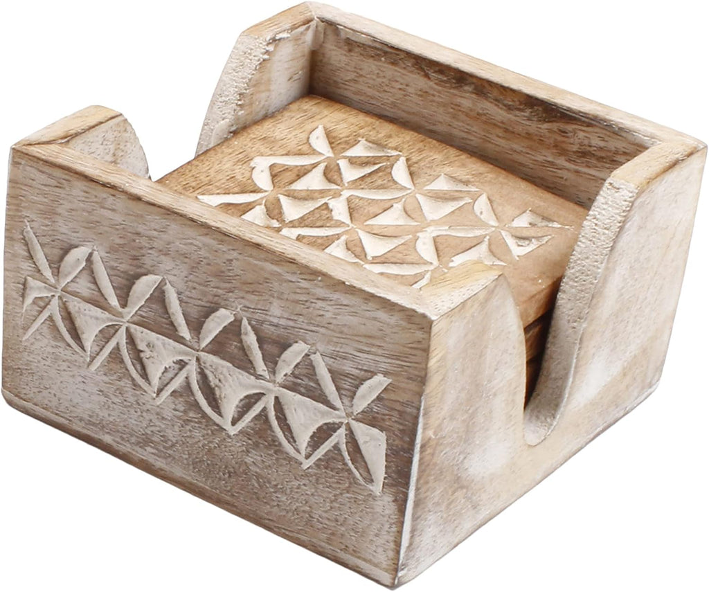 Wooden Coasters with Holder Stand | Whitewash Distressed Wooden Drink Coasters for Coffee, Tea & Wine - Set of 6