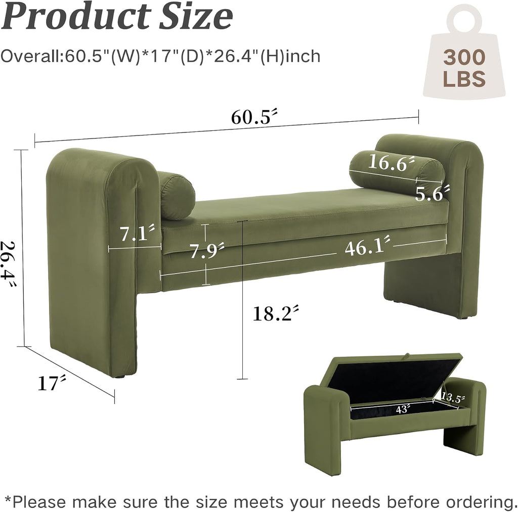 60.5" Velvet Upholstered Entryway Bench, Ottoman Bench End of Bed Bench with Armrest, Bedroom Bench with 2 Lumbar