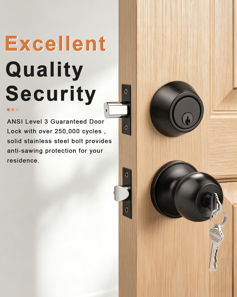 Keyed Alike Entry Knobs and Single Cylinder Deadbolt Lockset, Front Door Lock Set Exterior Door Knob with Deadbolt