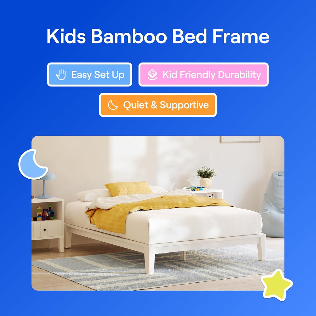 Kids Bamboo Platform Bed Frame, Twin, White, 12" Height, Tool-Free