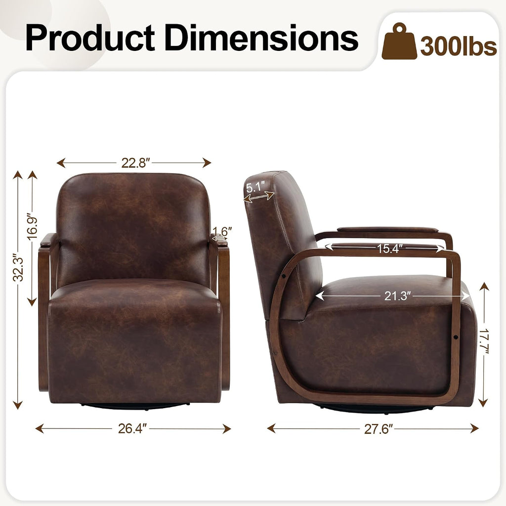 Faux Leather 360° Swivel Barrel Accent Chair, Upholstered Mid Century Modern Reading Lounge Chair with Wooden