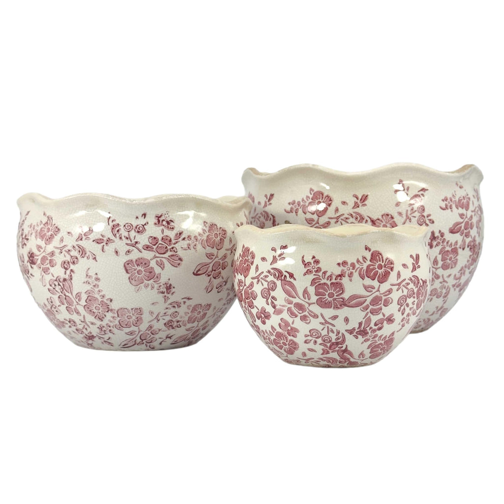 Ceramic Plant Pots Set of 3 Rustic Vintage Farmhouse Cream Crackle Glaze (11"/ 9.6"/ 7") Garden Indoor Outdoor Flower