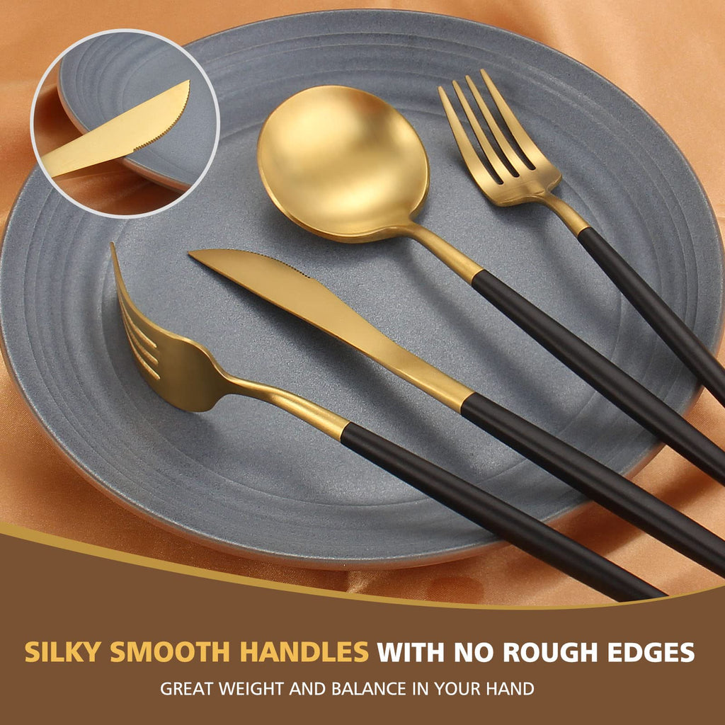 Matte Black Gold Silverware Set, 40-Piece Stainless Steel Flatware Cutlery Set Service for 8, Satin Finish Kitchen
