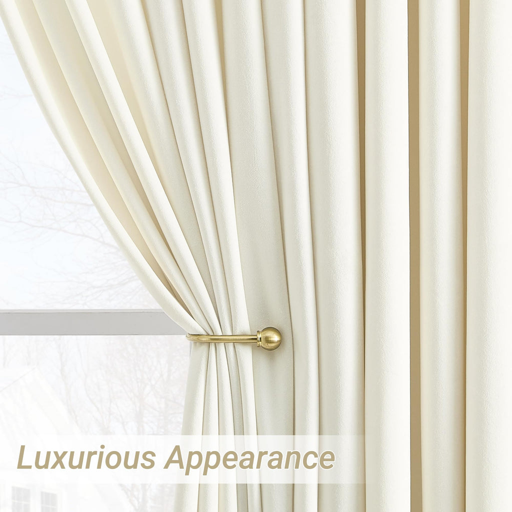 Beige White Luxury Velvet Curtains Extra Wide Thermal Insulated Blackout Pinch Pleat Curtains 84 Inches Long Room