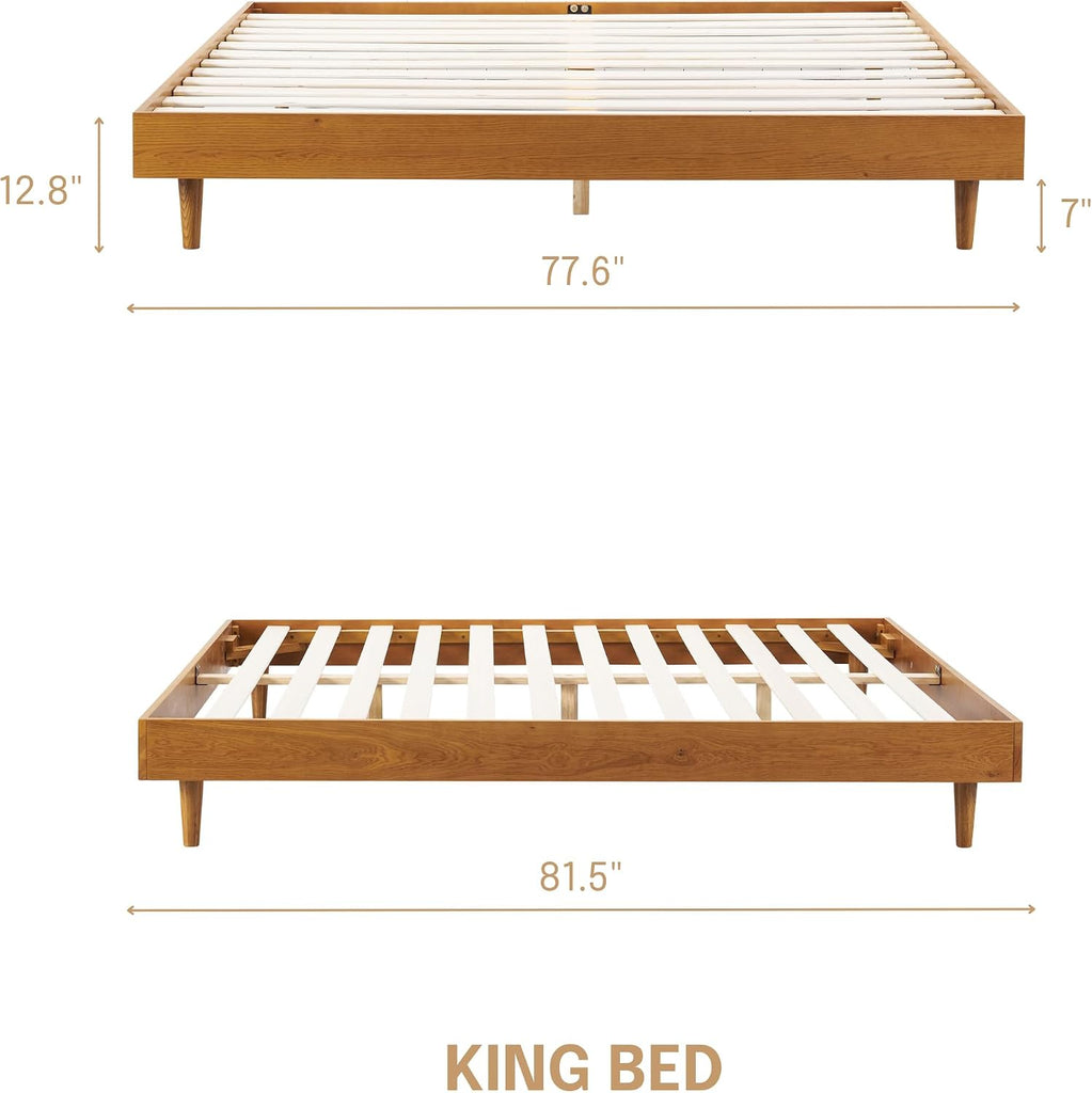 Fly Wooden Bed Frame Without Headboard, Solid Oak and Rubber Wood Foundation with Silent Slats and Wood Central