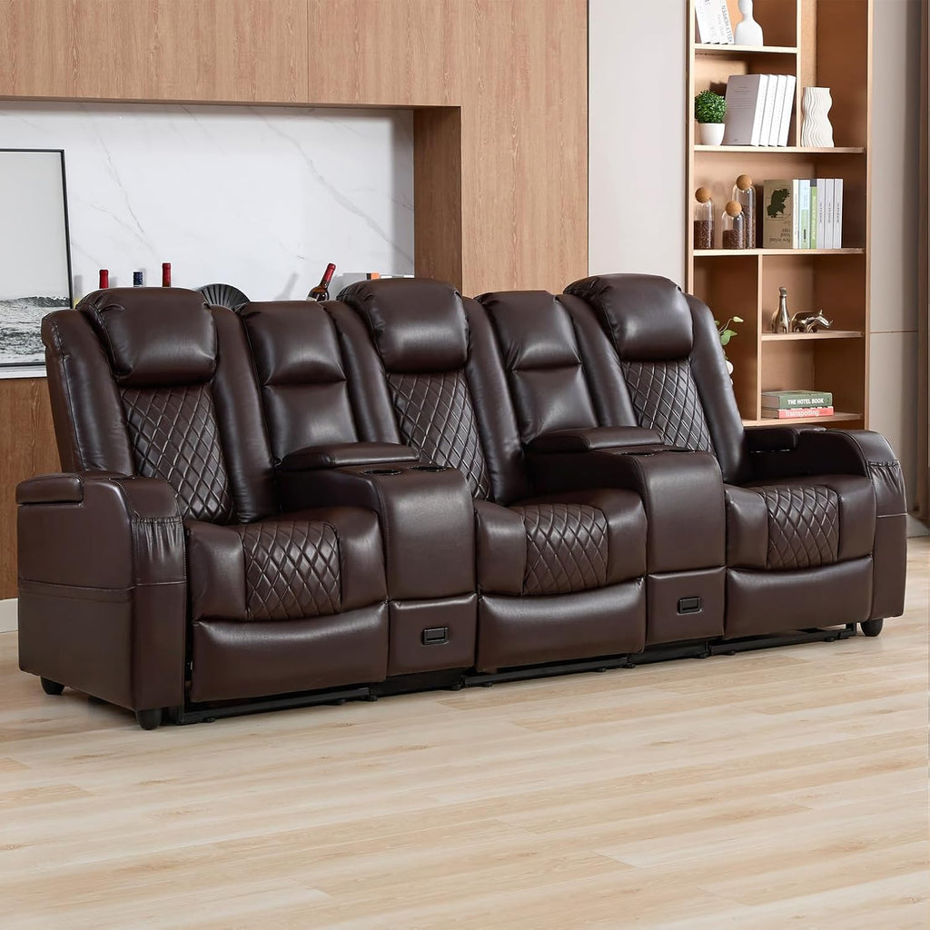 Home Theater Seating, Recliner Sofa PU Leather with Central Console and 3 Pillows