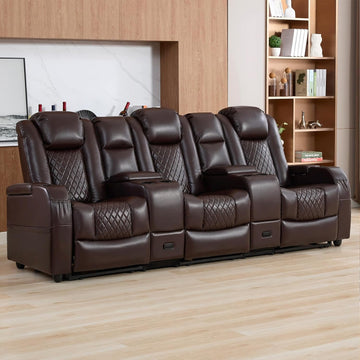 Home Theater Seating, Recliner Sofa PU Leather with Central Console and 3 Pillows