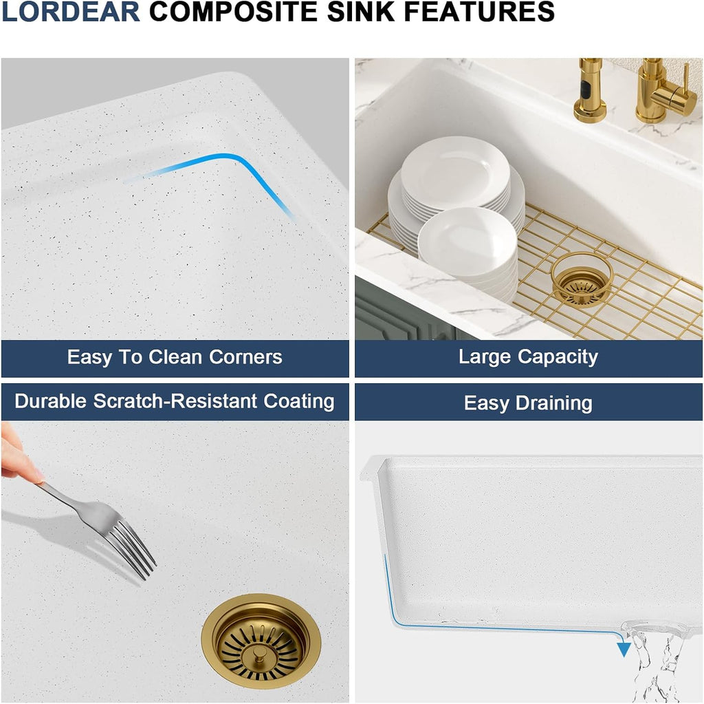 33 Inch White Kitchen Sink Granite Composite Undermount Kitchen Sink Workstation 33x19 White Quartz Sinks Under