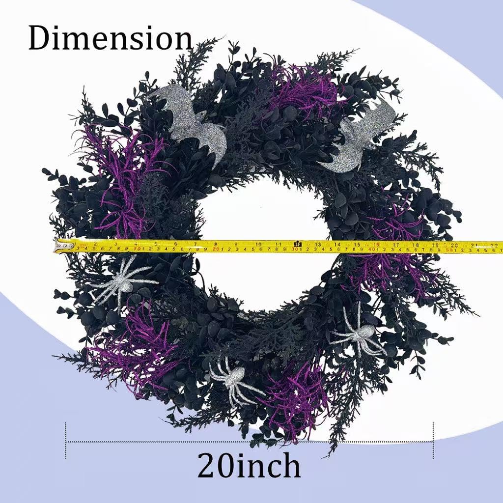 Halloween Wreath for Front Door, 20 Inch Creepy Wreath with Silver Spiders & Bats Purple Plants, Spooky Durable