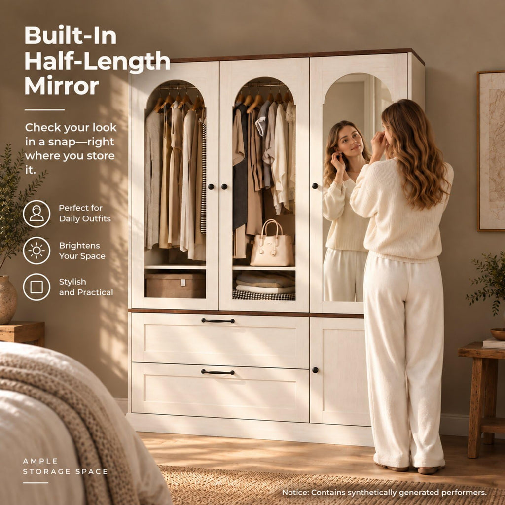 71" H Wardrobe Armoire with Mirror and Sensor Light, Flexible, Antique White