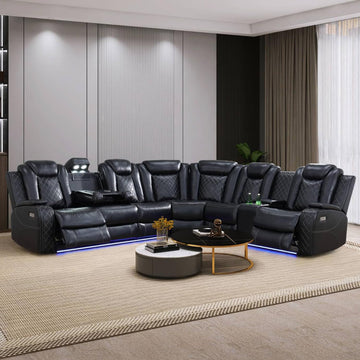Black Leather Power Reclining Sectional Sofa, Sectional Couch with Recliner, L Shaped Recliner Sofa with LED Light/Read