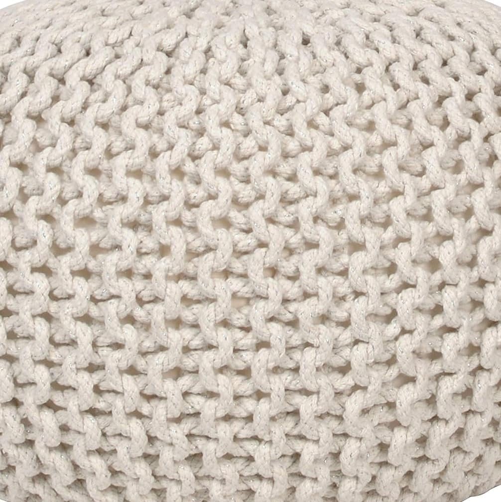 Lola Round Knit Lurex Yarn and Cotton Pouf, Off-White 20x20x14
