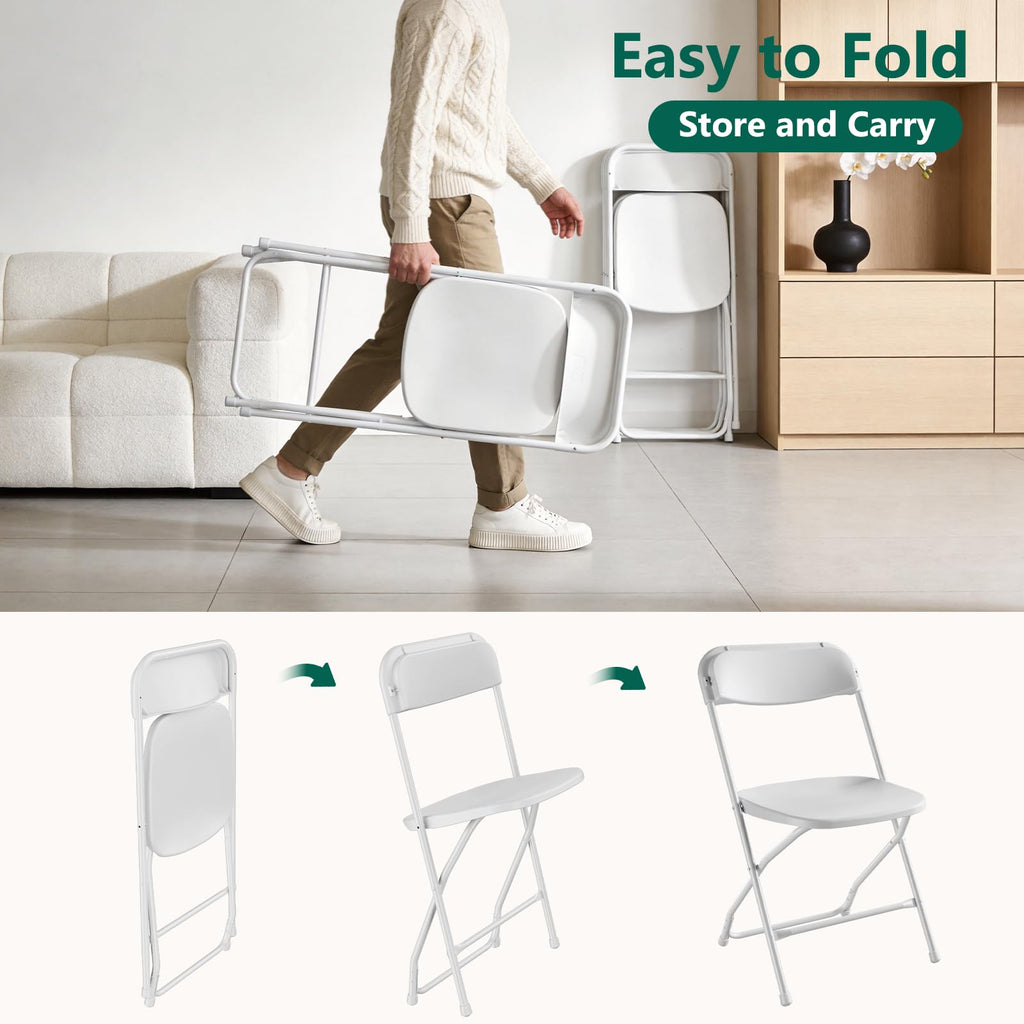4 Pack White Plastic Folding Chairs, Outdoor Portable Folding Chair with Steel Frame, 350lbs Capacity Stackable