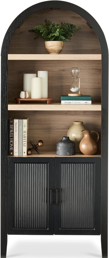72" Tall Arched Pantry Cabinet w/Reeded Doors, 5-Tier Bookshelf, Armoire, Hutch, Bookcase