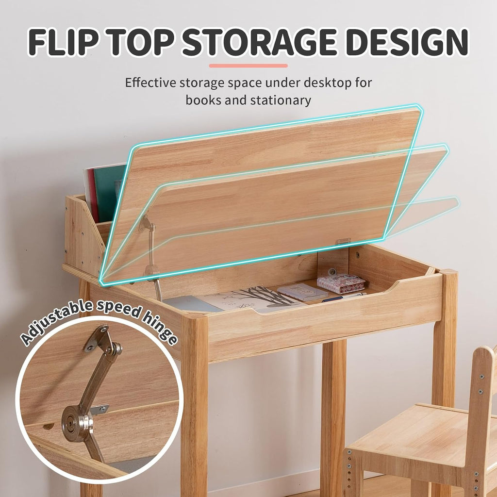 Wood Kids Desk and Chair Set, Height Adjustable Children Study Desk with Flip-Top Storage, Book Rack and Hutch