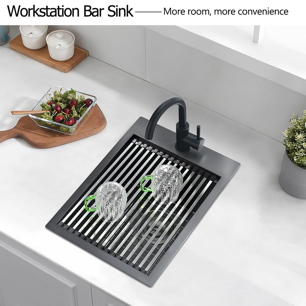 15 Drop In Black Kitchen Bar Sink, Luckyhorse 15x20x10 Inches 16 Gauge Gunmetal Black Stainless Steel Drop In