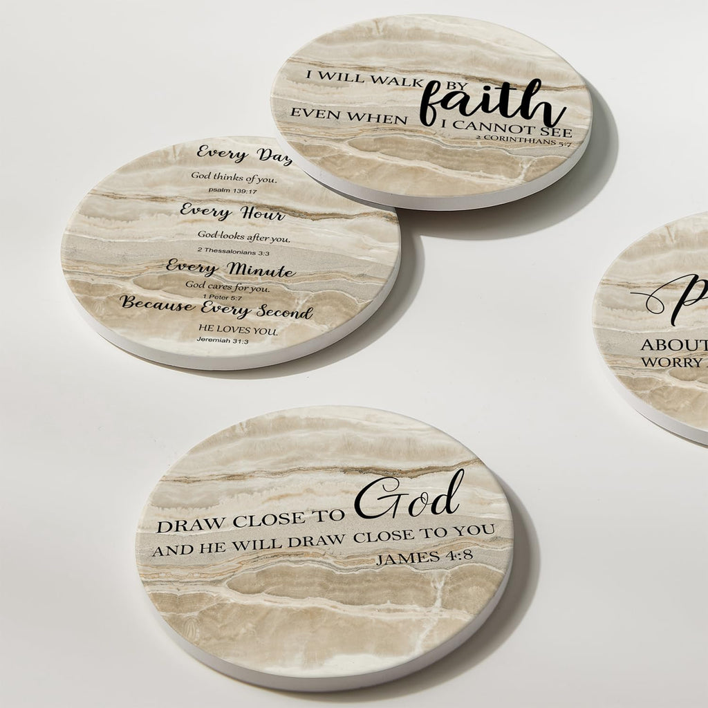 Coasters for Drinks with Bible Verses, Set of 6 Absorbent Drinks Coasters with Holder, Christian Gifts