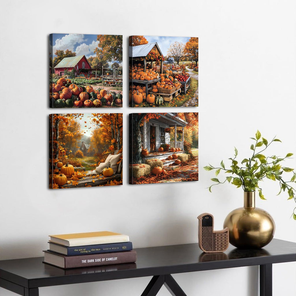 Rustic Fall Pumpkin Wall Art Farmhouse Barn Landscape Wall Decor Vintage Autumn Picture Bedroom Nature Country