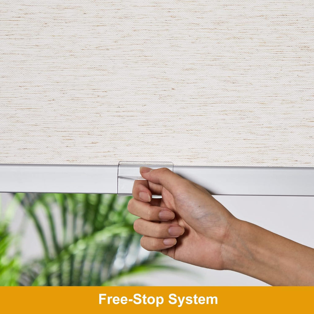 Free-Stop Cordless Roller Shades for Windows (Cream 22"W x 72"H) Natural Woven Fabric Light Filtering Roller Blinds