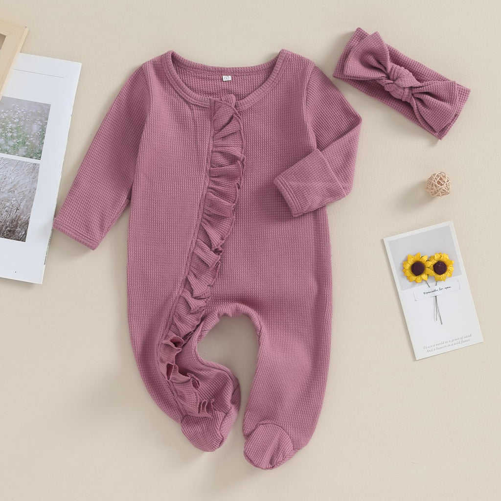 Baby Girl Fall Winter Outfits - Knit Jumpsuit Ruffle Romper Coming Home Outfit (mitten cuff Jumpsuit Purple)