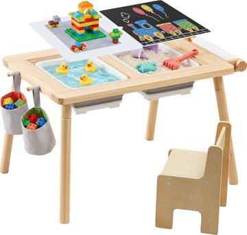 Sensory Table and Chair for Toddlers 2-8, Wood Kids Activity Tables with Storage Bins, Toddler Play Table with Roll