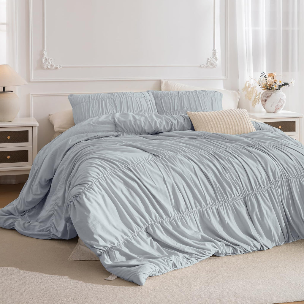 Comforter Set Light Blue Ruched Bedding Comforter Sets, Ultra Soft Ruffle Fluffy 106"*95" Shabby and
