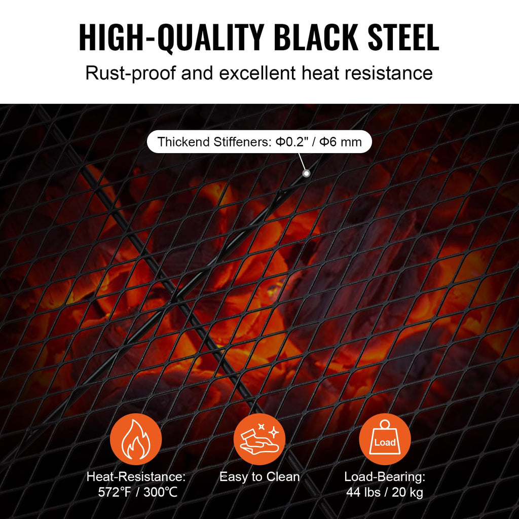 X-Marks Fire Pit Grill Grate, Round Cooking Grate, Heavy Duty Steel Campfire BBQ Grill Grid with Handle and Support X