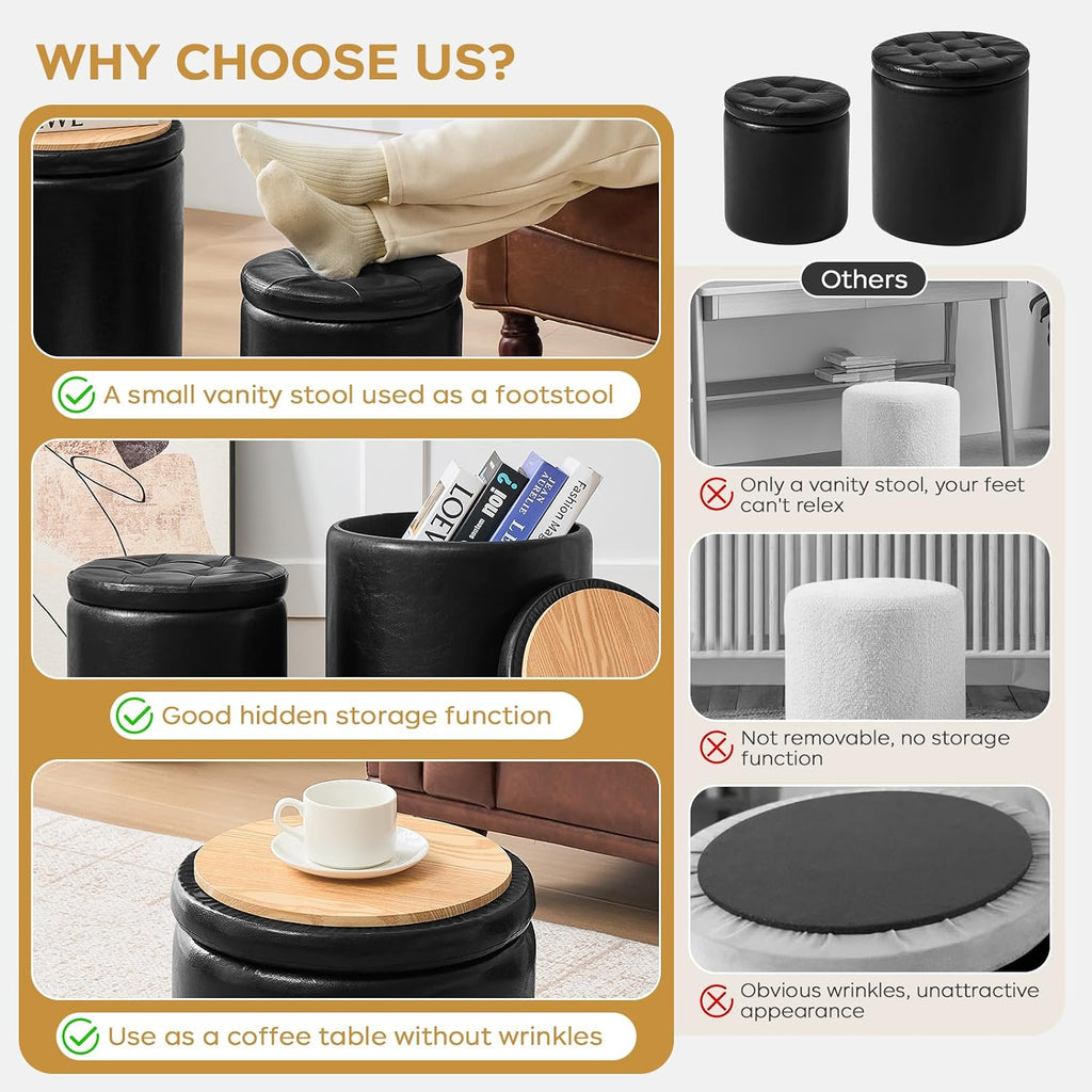 Round Ottoman with Storage Set of 2, 12.6" W x 14.17" H & 14.76" W x 17.32" H Faux Footstool Storage Ottomans Padded