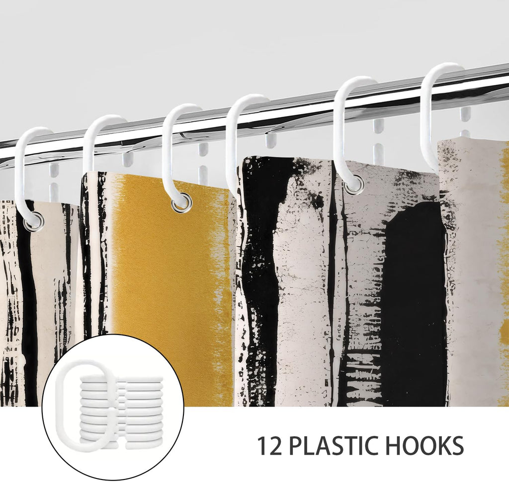 Abstract Boho Shower Curtain, Mid Century Modern Black And Beige Geometric Stripes Shower Curtains Set, Minimalist