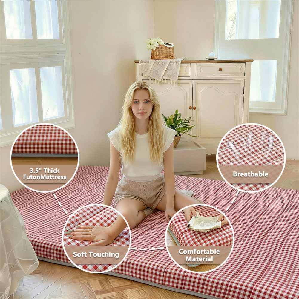 Red Gingham Japanese Floor Mattress, 3.5" Thick High Density Foam Futon Mattress, Foldable Tatami Sleeping Pad, Roll