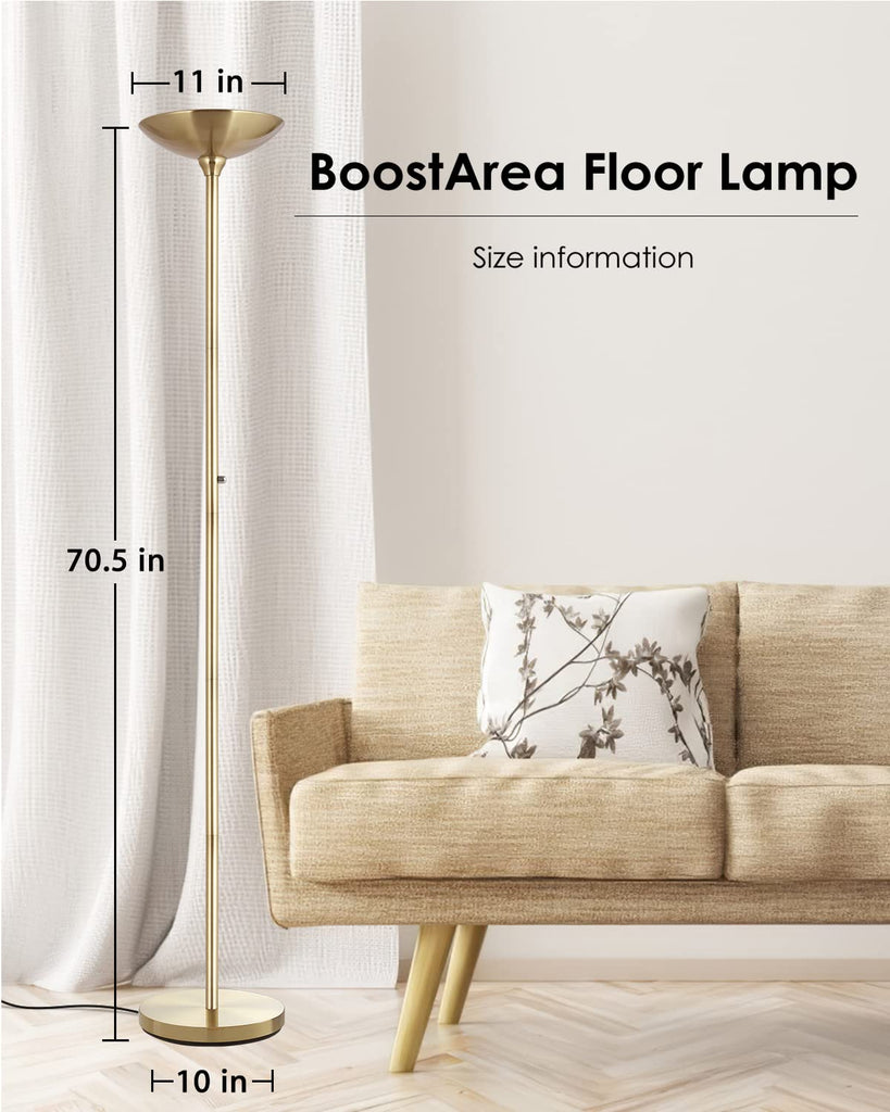 Torchiere Floor Lamp Gold, 30W Super Bright LED Standing Lamp, 3000K Stepless Dimmable Pole Lamp with Rotary Switch