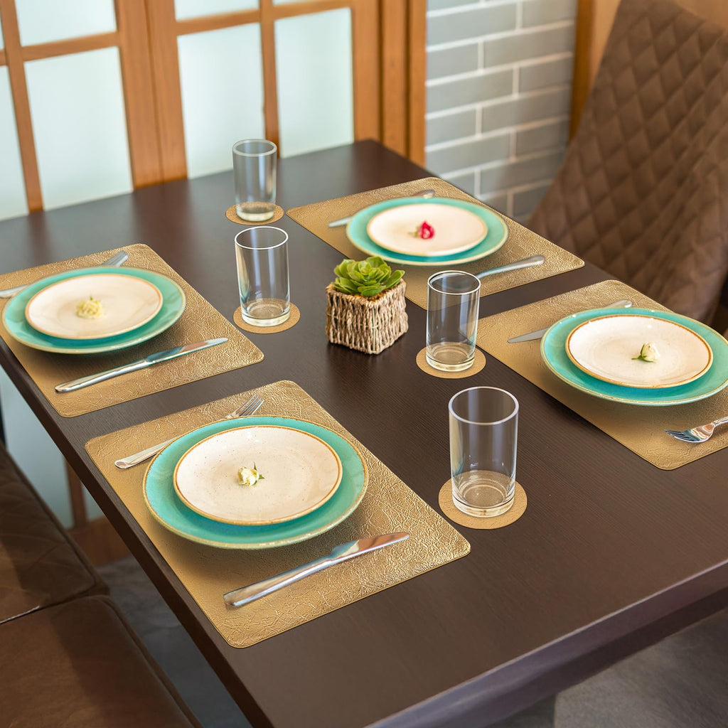 Faux Leather Placemats Set of 6 with Coasters, 12x17inch Non-Slip Heat Resistant Dual-Sided Gold Crackled Place Mats
