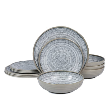 Melamine Dinnerware Sets 12 PCS - Service for 4 Plates & Bowls Sets Grey