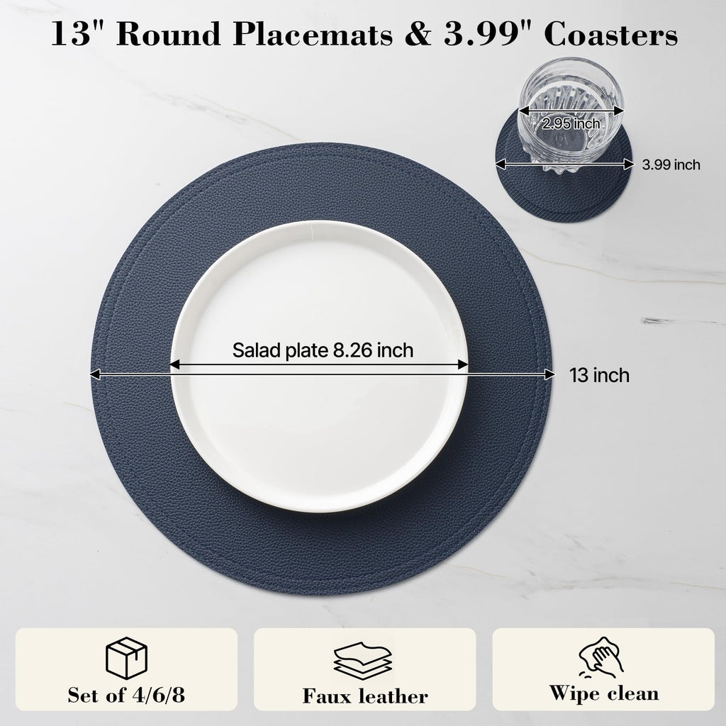 Navy Faux Leather Round Placemats and Coasters, Coffee Mats Kitchen Table Mats, Waterproof, Easy to Clean for Round
