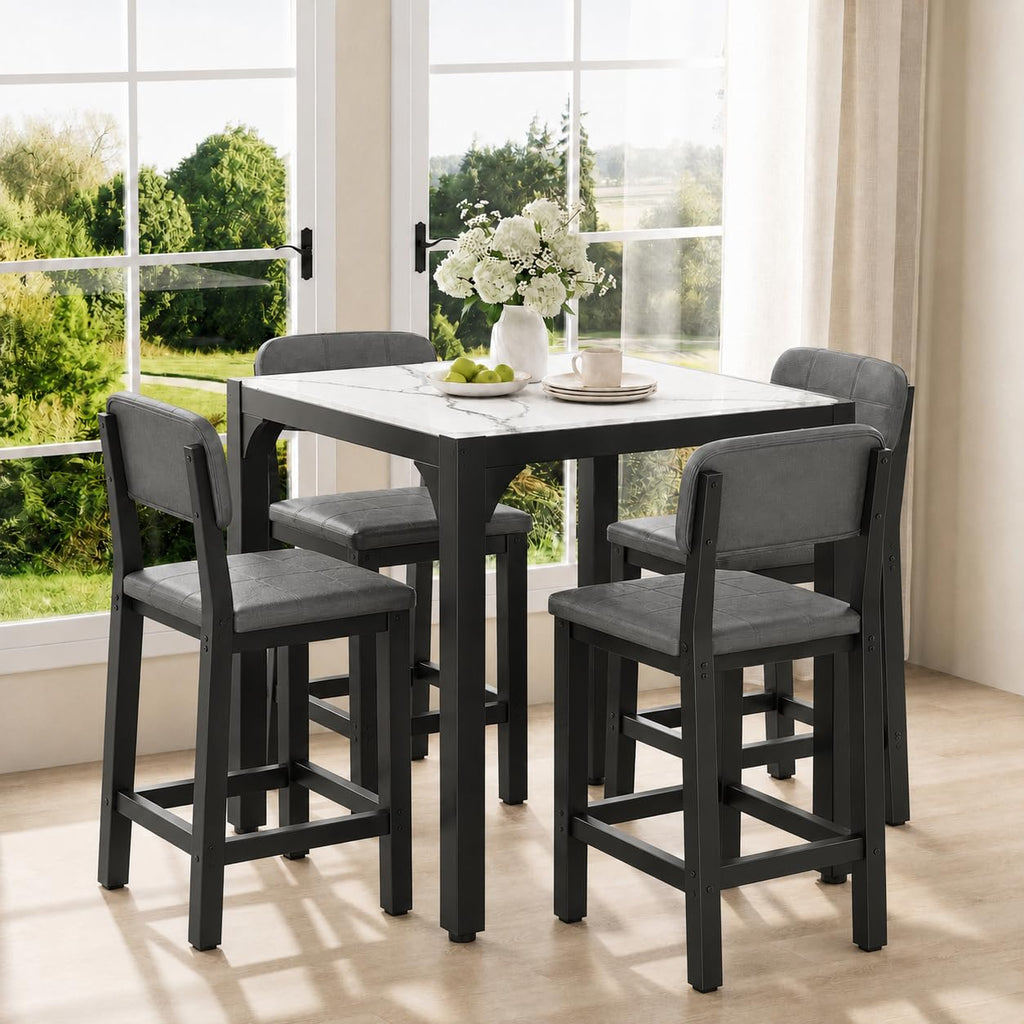 5-Piece Counter Height Dining Table Set for 4, Marble-Look, Grey