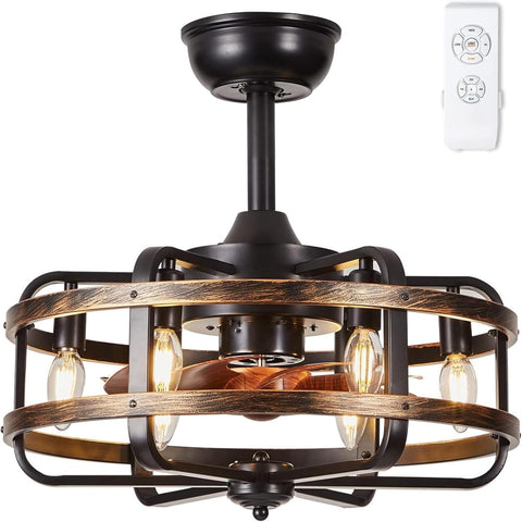 Caged Ceiling Fans with Lights Black Farmhouse 18‘’ Flush Mount Bladeless Rustic Chandeliers Fan Lights with Remote