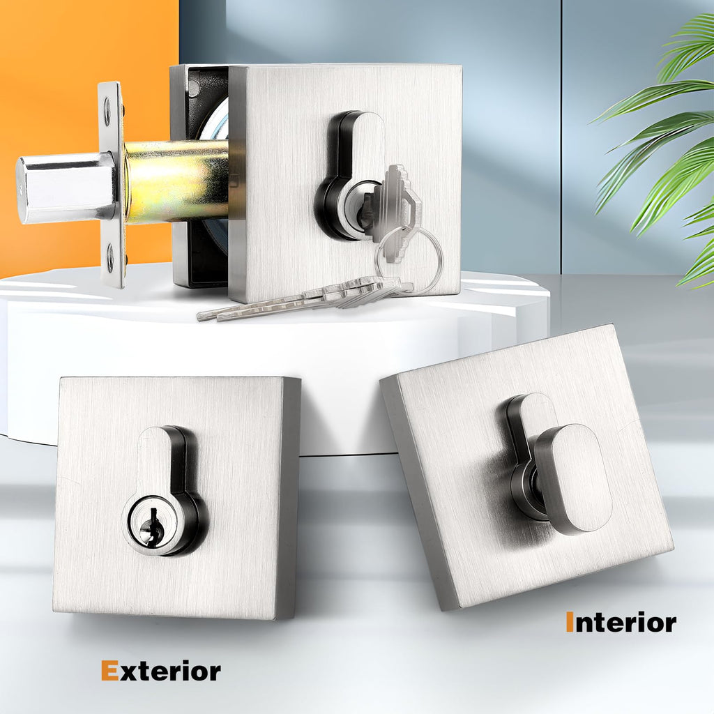 Satin Nickel Single Cylinder Deadbolt, Keyed One Side, Residential Security Square Door Lock for Interior and