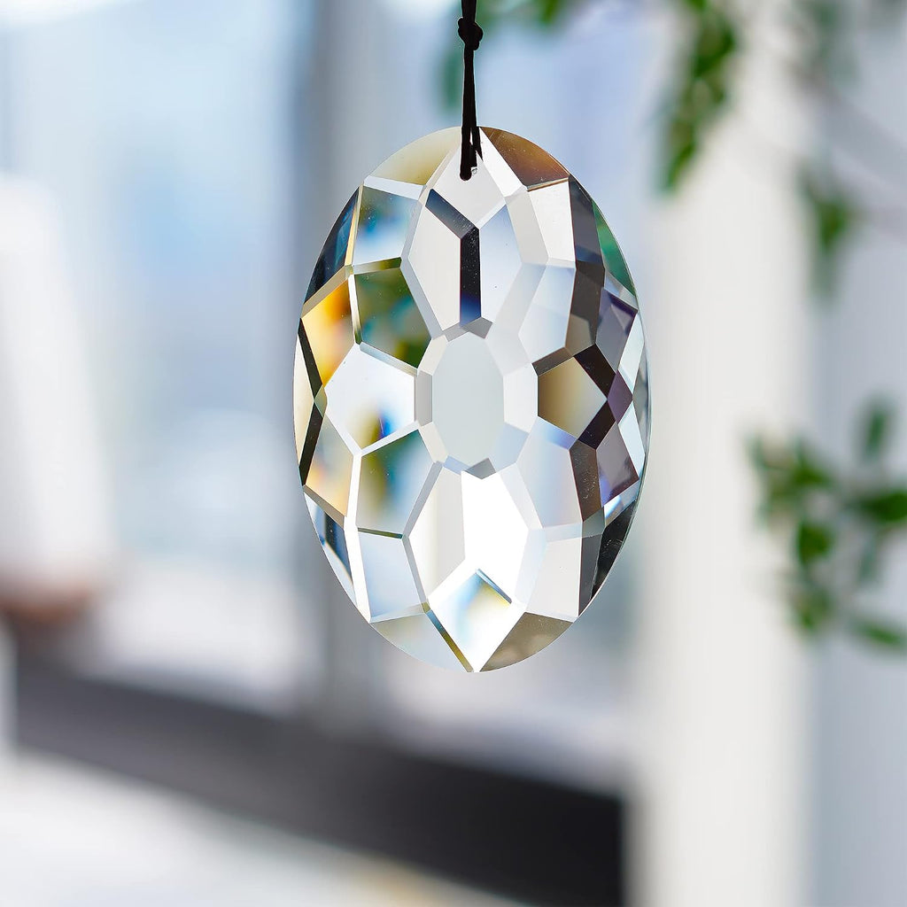 3.5 Inch Oval Crystal Prism Suncatcher, Clear Rainbow Maker - Clear Faceted Crystal Design, Window Hanging Pendant