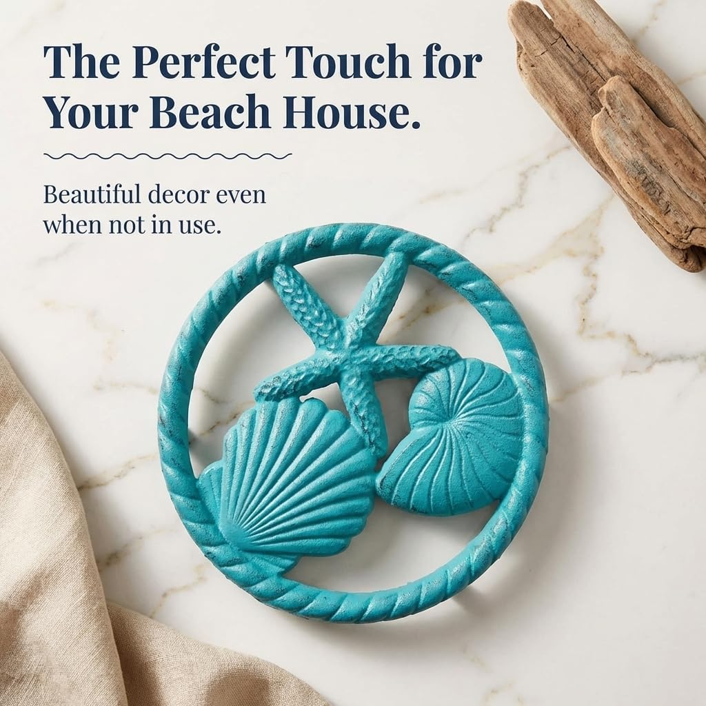 Cast Iron Ocean Trivet - Nautical Seashell and Starfish Trivet for Coastal Kitchen Decor - Heavyweight Beach House