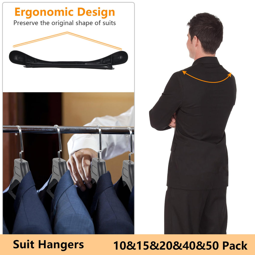 Plastic Extra Wide Suit Hangers, Pack of 15, Width: 17.7", Notched Shoulders & Metal Hooks, Black