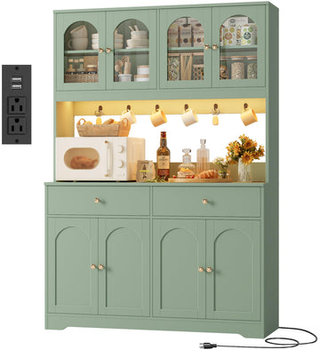 71" LED Kitchen Pantry Cabinet with Power Outlet, Tall Hutch, Green