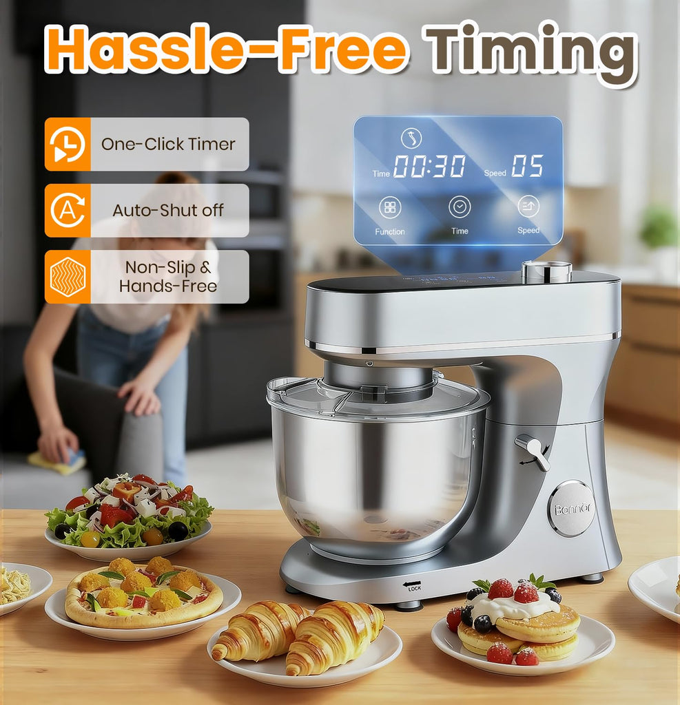 Stand Mixer 6QT Kitchen Mixer with LED Smart Touchscreen, 11-Speed Tilt-Head Mixer with Timer, 4 Preset Menus