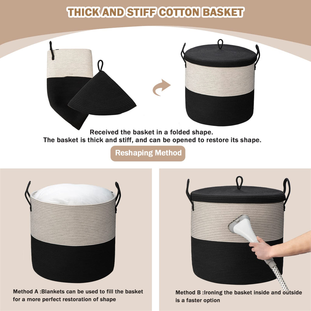 21" x 18"Extra Large storage baskets, Eco-friendly rope baskets with lid, blanket basket living room with lid, hampers
