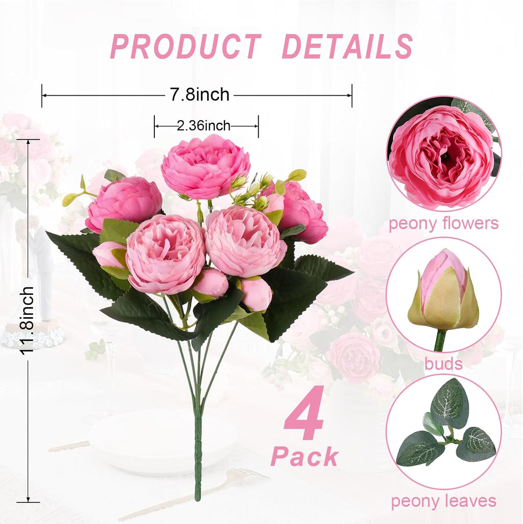 Bundles Peonies Artificial Flowers, Fake Silk Peonies Bouquet of Flowers Decor Faux Floral Table Centerpieces - Set of 4