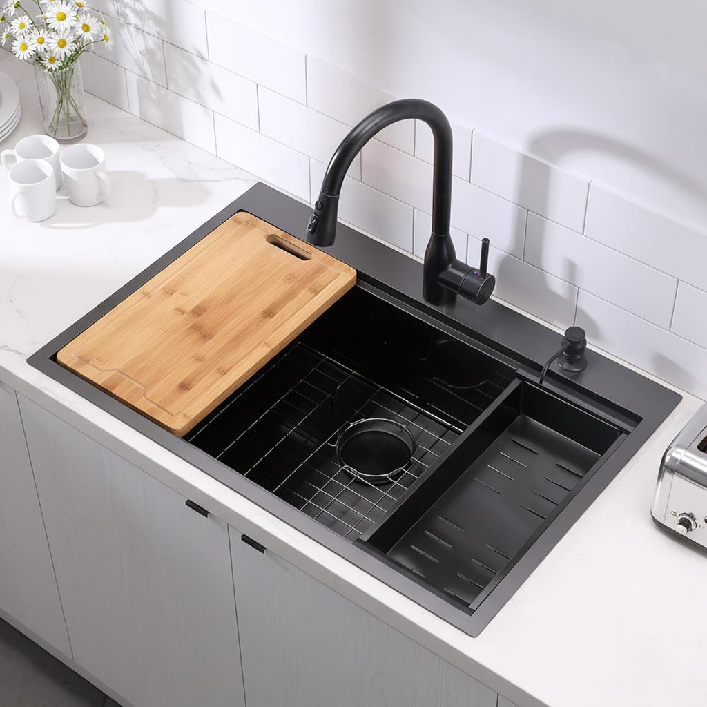 33x22 Drop Sinks Black, Gunmetal Black Stainless Steel Workstation 16Guage Topmount Single Bowl 9 Inch Deep Sink with
