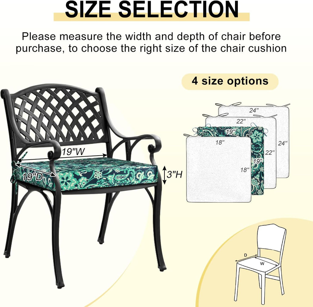 Outdoor Chair Cushions Set of 4, Waterproof 19" x 19" x 3" Patio Chair Cushion with Non-Slip Ties & Handle, Square
