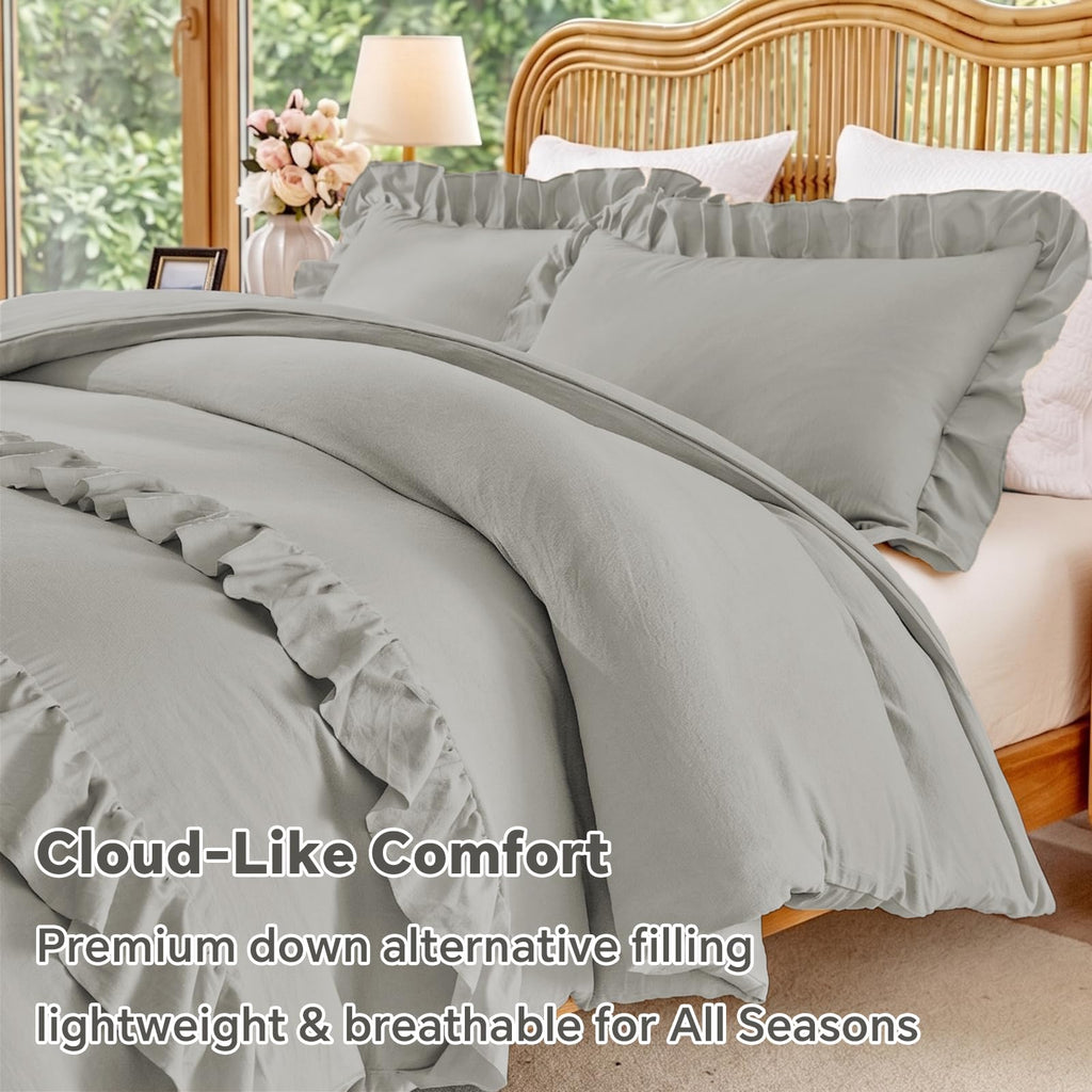 Grey Ruffle Comforter, 4 Pieces Farmhouse Bedding Set